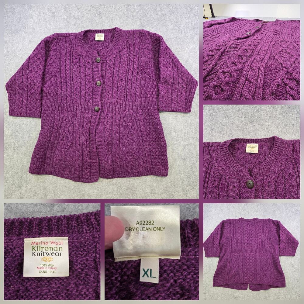 Kilronan Knitwear Sweater‎ Womens XL Purple Merino Wool Cable Cardigan Ireland